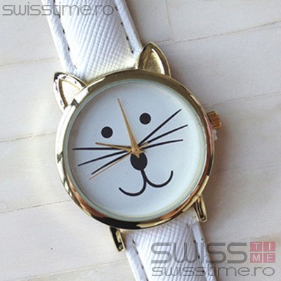 Ceas Dama Quartz Kitty-alb