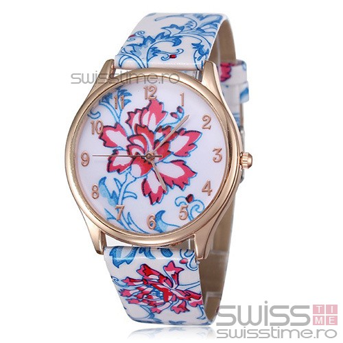 Ceas Dama Quartz Geneva Floral-fuchsia