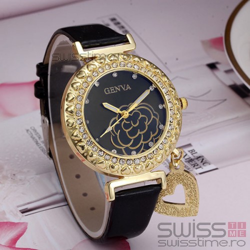 Ceas Dama Quartz Geneva Gold Flower-negru