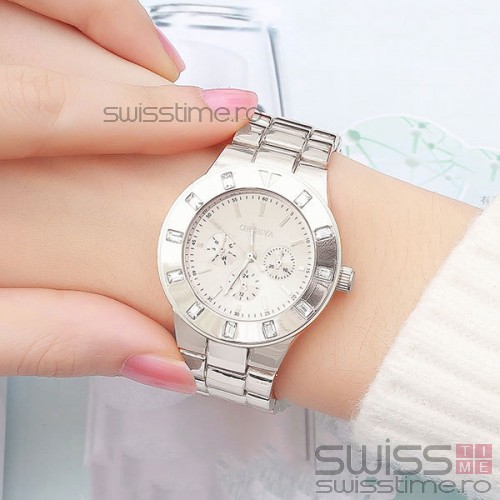 Ceas Dama Quartz Geneva Diamond Deluxe-silver