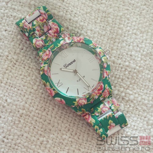 Ceas Dama Quartz Geneva Platinum Blossom-verde